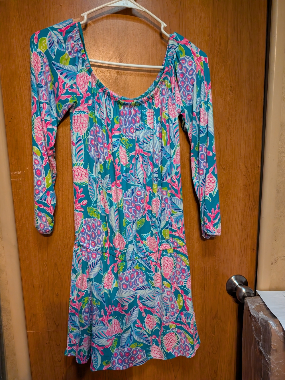 Lilly Pulitzer Teal Dress with Pink & Green Floral Print, Long Sleeve